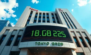 Tokyo Stock Exchange building with Nikkei 225 index showing record high on digital display.