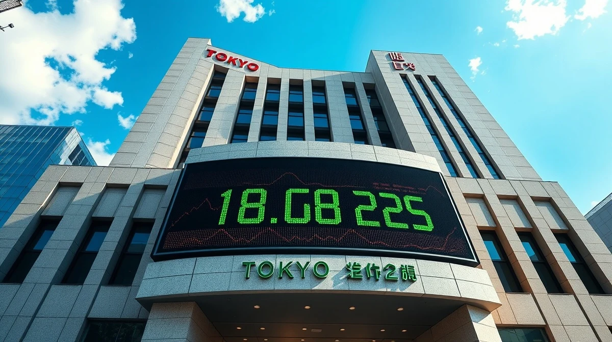 Tokyo Stock Exchange building with Nikkei 225 index showing record high on digital display.