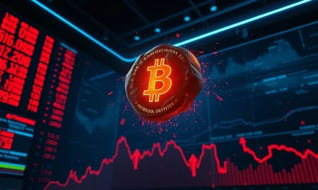 A glowing asteroid-shaped cryptocurrency token breaking through a dark digital stock chart with red downward arrows, symbolizing a price crash and whale sell-off.