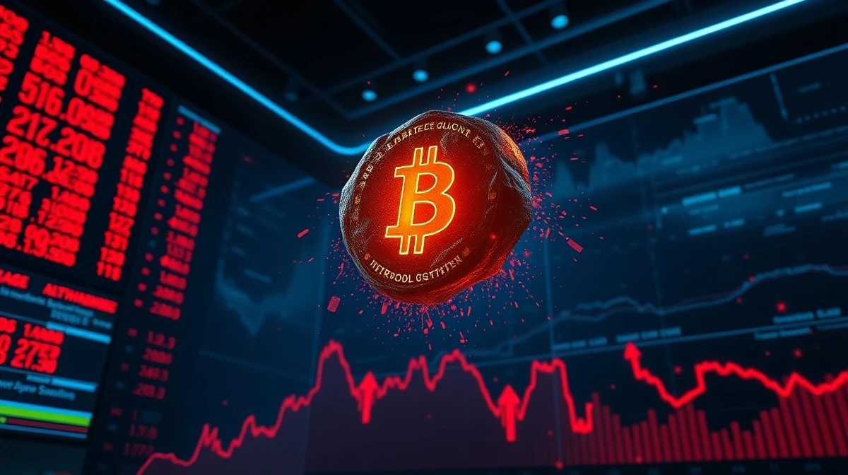 A glowing asteroid-shaped cryptocurrency token breaking through a dark digital stock chart with red downward arrows, symbolizing a price crash and whale sell-off.