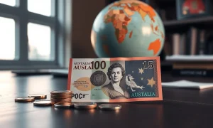 Australian Dollar currency and globe representing forex and geopolitical tensions