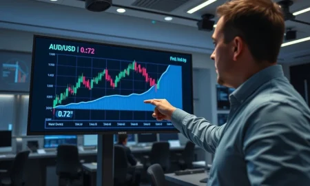 Financial analyst pointing to AUD/USD chart breaking above 0.72 on a trading floor screen