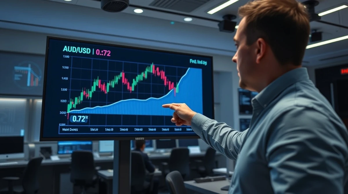 Financial analyst pointing to AUD/USD chart breaking above 0.72 on a trading floor screen
