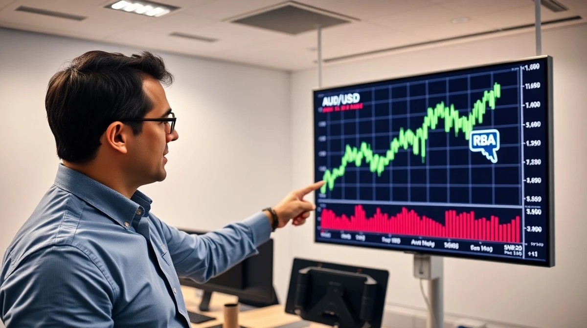 Financial analyst reviewing AUD/USD forex chart with RBA policy indicators on a digital display