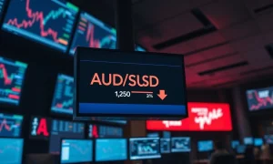 AUD/USD trading screen showing a decline from recent highs on a dimly lit trading floor.