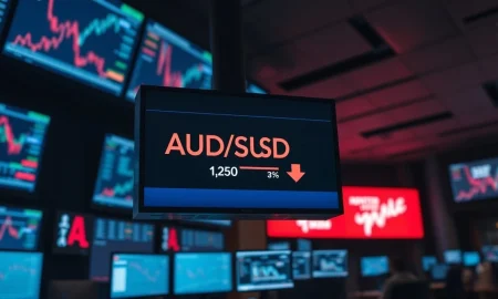 AUD/USD trading screen showing a decline from recent highs on a dimly lit trading floor.
