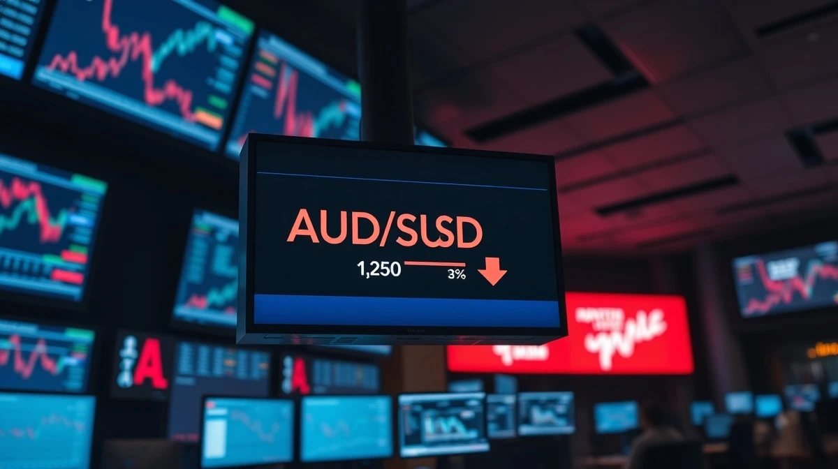AUD/USD trading screen showing a decline from recent highs on a dimly lit trading floor.