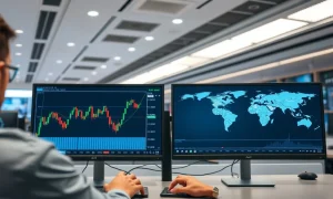 Forex trading desk showing AUD/USD chart with upward trend and Middle East map in background.