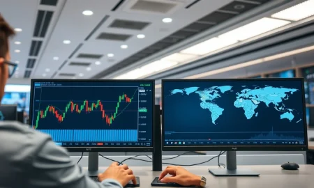 Forex trading desk showing AUD/USD chart with upward trend and Middle East map in background.