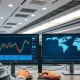 Forex trading desk showing AUD/USD chart with upward trend and Middle East map in background.
