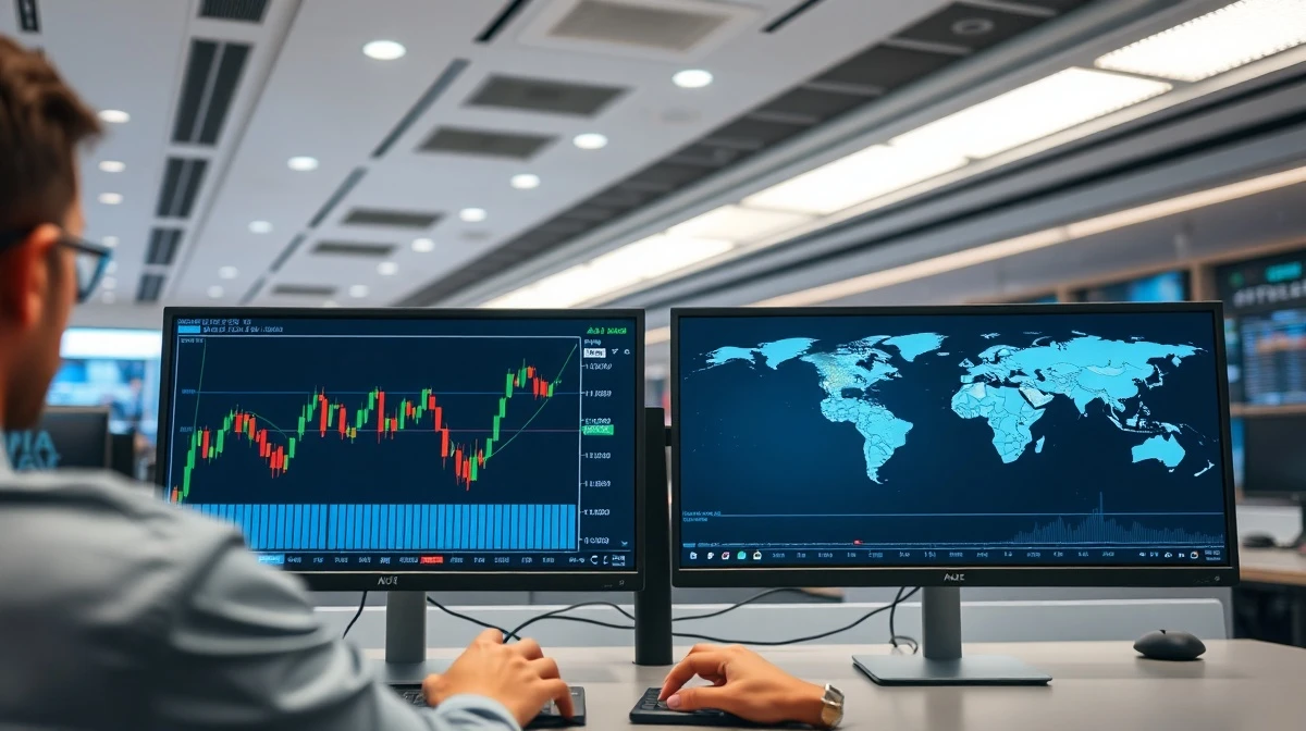 Forex trading desk showing AUD/USD chart with upward trend and Middle East map in background.