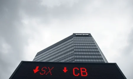 A somber view of a major Australian bank headquarters with a red stock ticker showing falling share prices, reflecting market pressure from budget changes.
