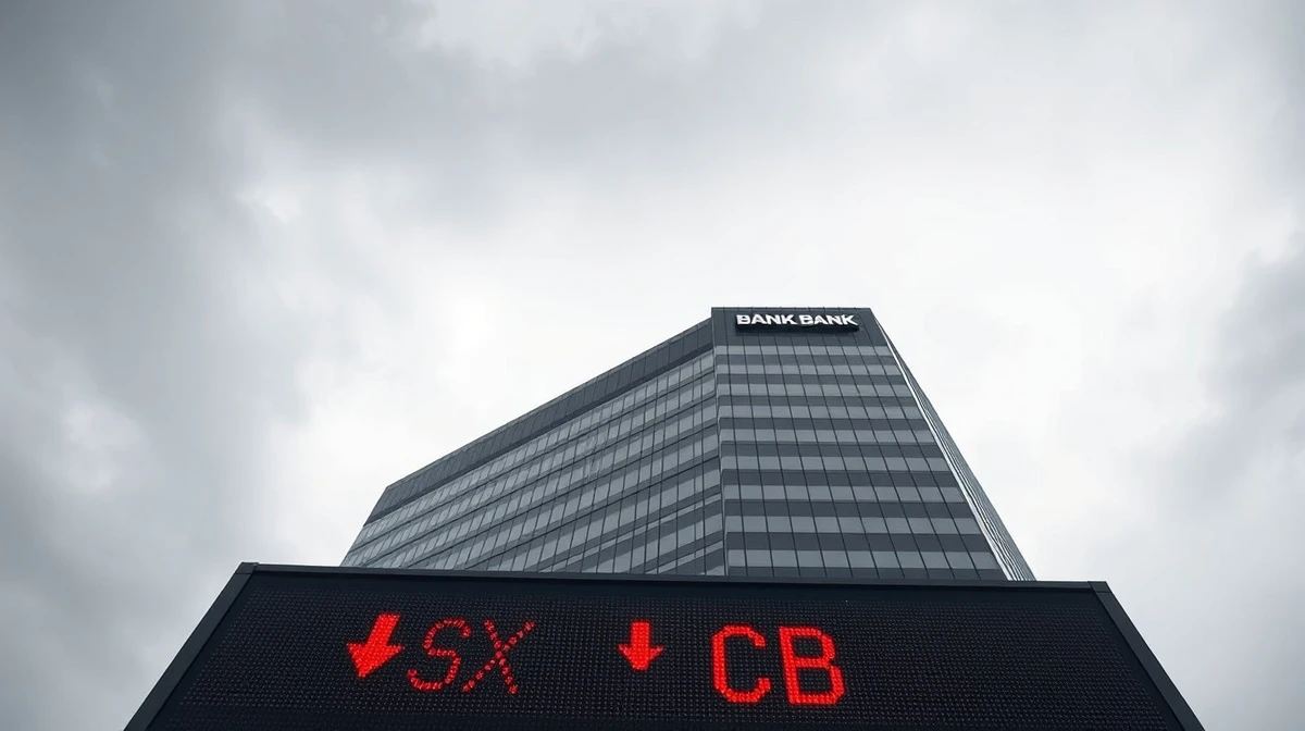 A somber view of a major Australian bank headquarters with a red stock ticker showing falling share prices, reflecting market pressure from budget changes.