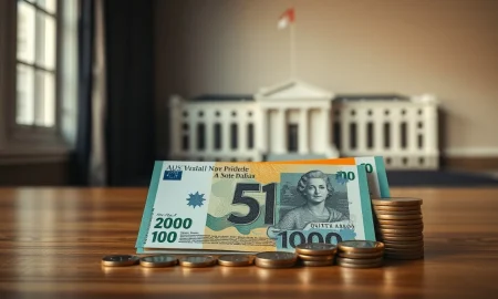 Australian dollar banknotes and coins on a desk with Parliament House in the background, representing budget and economic policy.