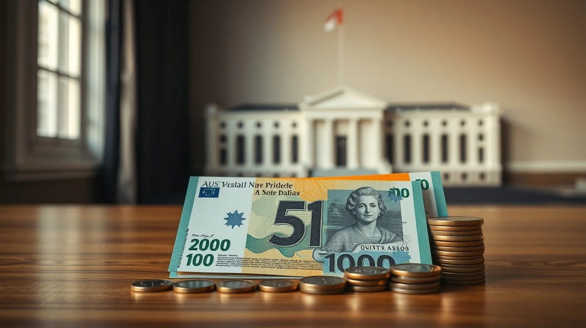 Australian dollar banknotes and coins on a desk with Parliament House in the background, representing budget and economic policy.