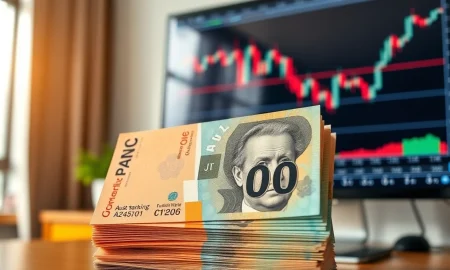Close-up of Australian dollar banknotes with a blurred forex chart in the background
