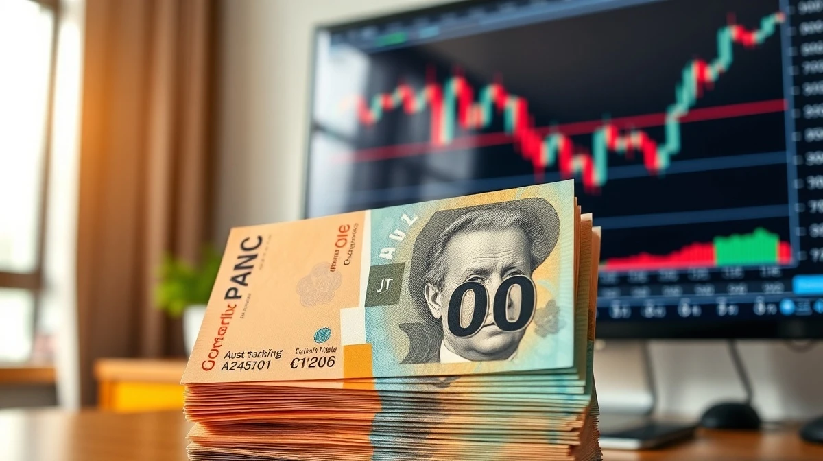 Close-up of Australian dollar banknotes with a blurred forex chart in the background