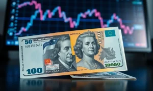 Australian Dollar and US Dollar banknotes on desk with financial chart showing decline