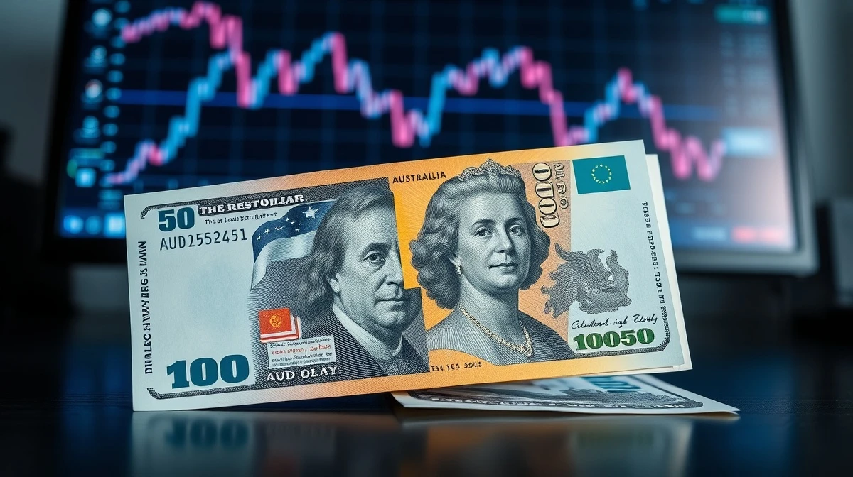 Australian Dollar and US Dollar banknotes on desk with financial chart showing decline