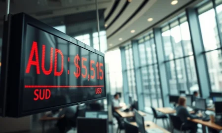 AUD/USD exchange rate board in Sydney financial district showing Australian dollar declining