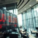 AUD/USD exchange rate board in Sydney financial district showing Australian dollar declining