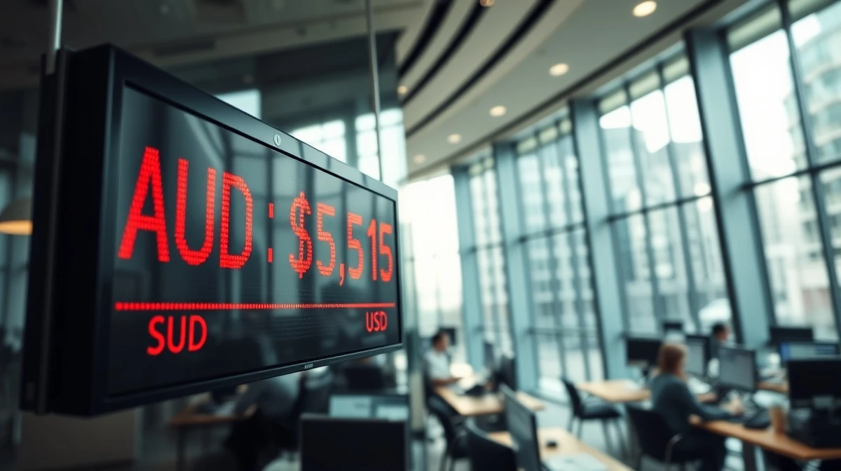 AUD/USD exchange rate board in Sydney financial district showing Australian dollar declining