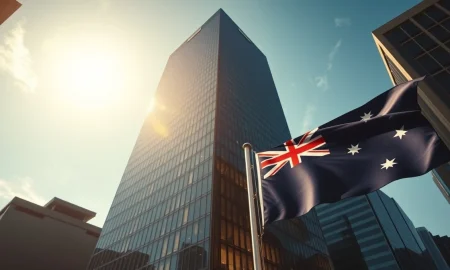 Sydney financial district skyline at dawn with Australian flag in foreground, representing pre-budget forex market caution.