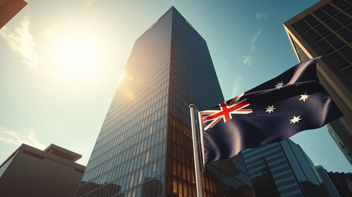 Sydney financial district skyline at dawn with Australian flag in foreground, representing pre-budget forex market caution.