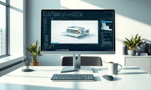 Autodesk design software displayed on a computer monitor in a modern office setting.