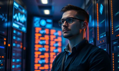 Banking systems engineer standing in server room analyzing cryptocurrency data