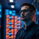Banking systems engineer standing in server room analyzing cryptocurrency data