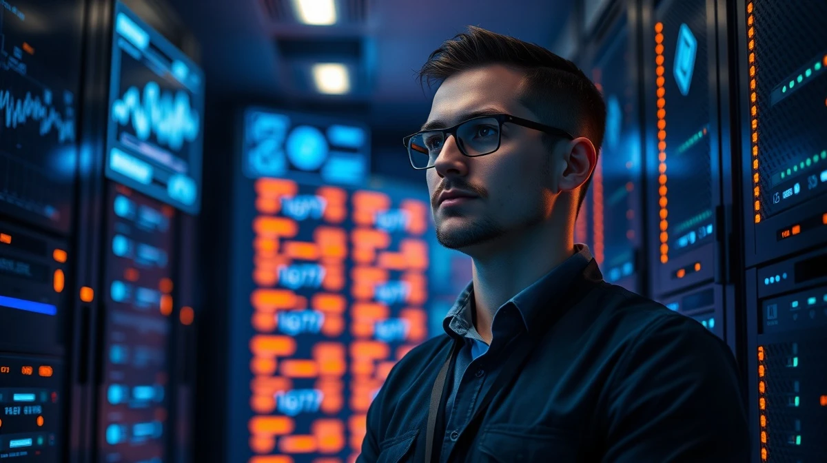 Banking systems engineer standing in server room analyzing cryptocurrency data