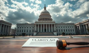 A gavel and the CLARITY Act document on a table in front of the US Capitol building.
