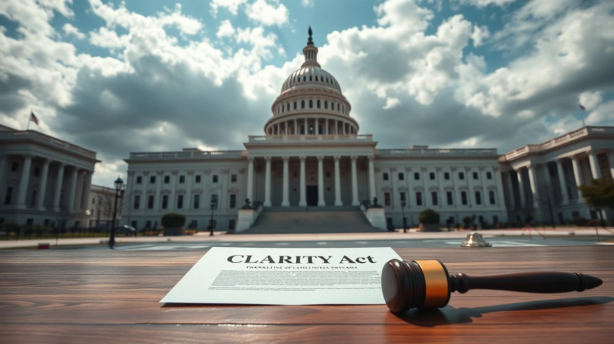 A gavel and the CLARITY Act document on a table in front of the US Capitol building.