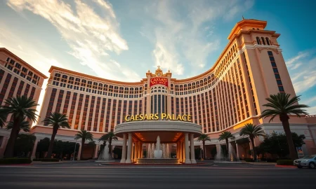 Caesars Palace Las Vegas entrance at sunset, representing the target of a major acquisition bid.
