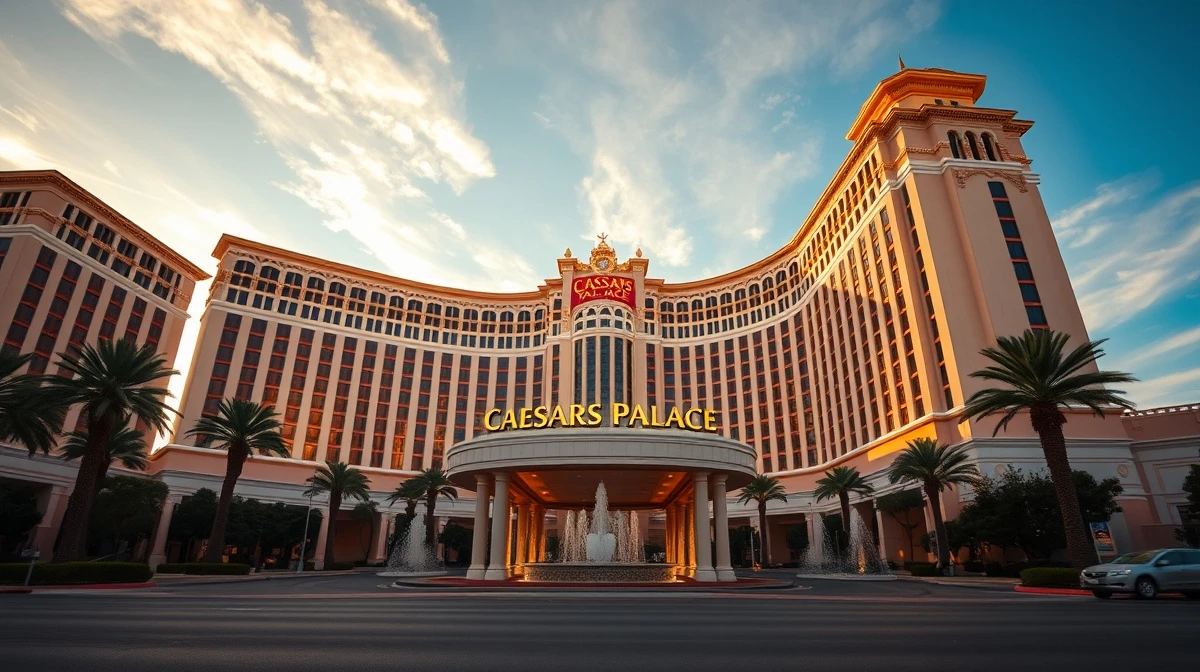 Caesars Palace Las Vegas entrance at sunset, representing the target of a major acquisition bid.