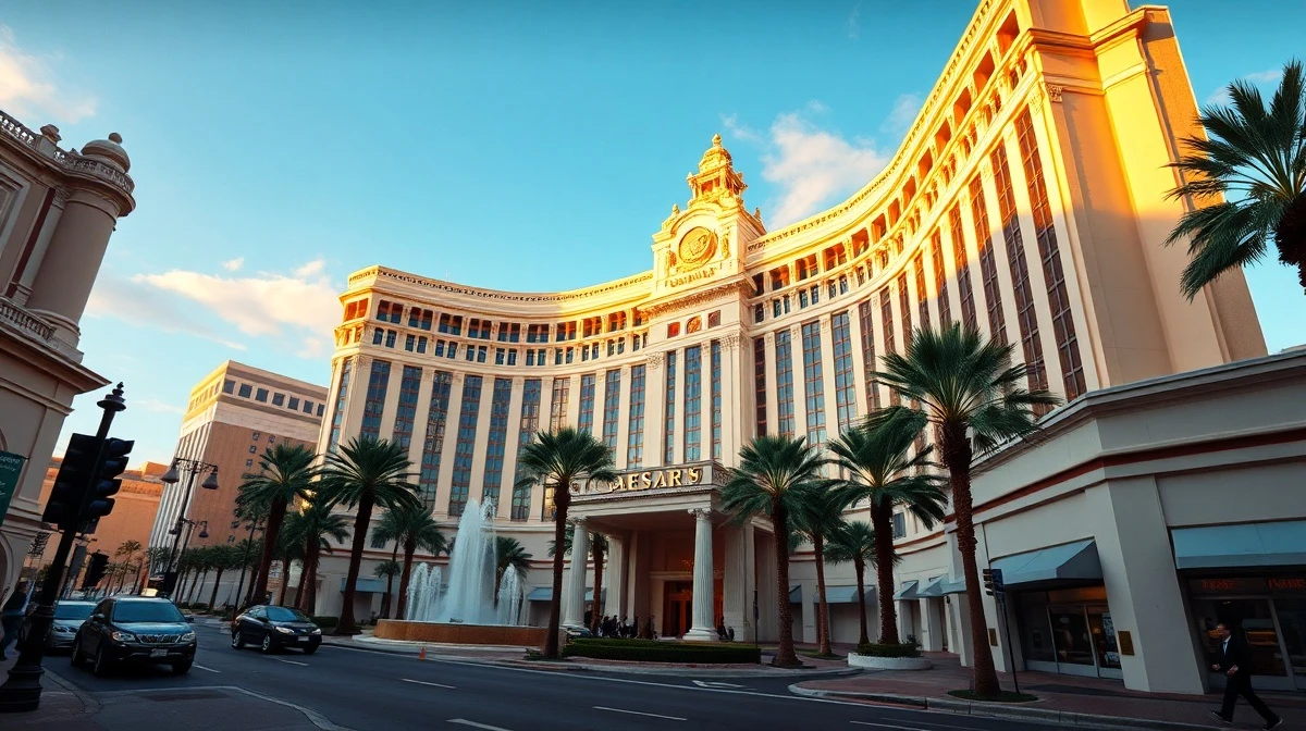 Caesars Palace hotel-casino on the Las Vegas Strip at sunset, representing a potential acquisition target.