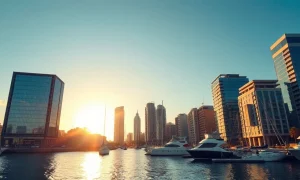 Hamilton, Bermuda waterfront at sunset with digital blockchain overlay representing the Stellar Network partnership.