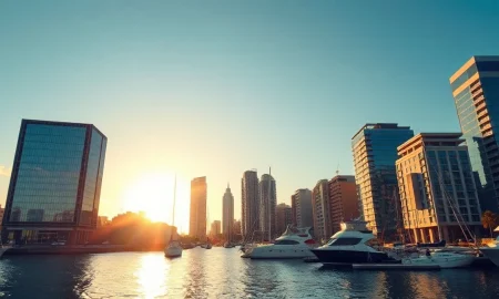 Hamilton, Bermuda waterfront at sunset with digital blockchain overlay representing the Stellar Network partnership.