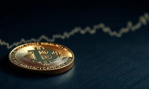 Bitcoin coin on dark surface with glowing $60,000 support line chart in background