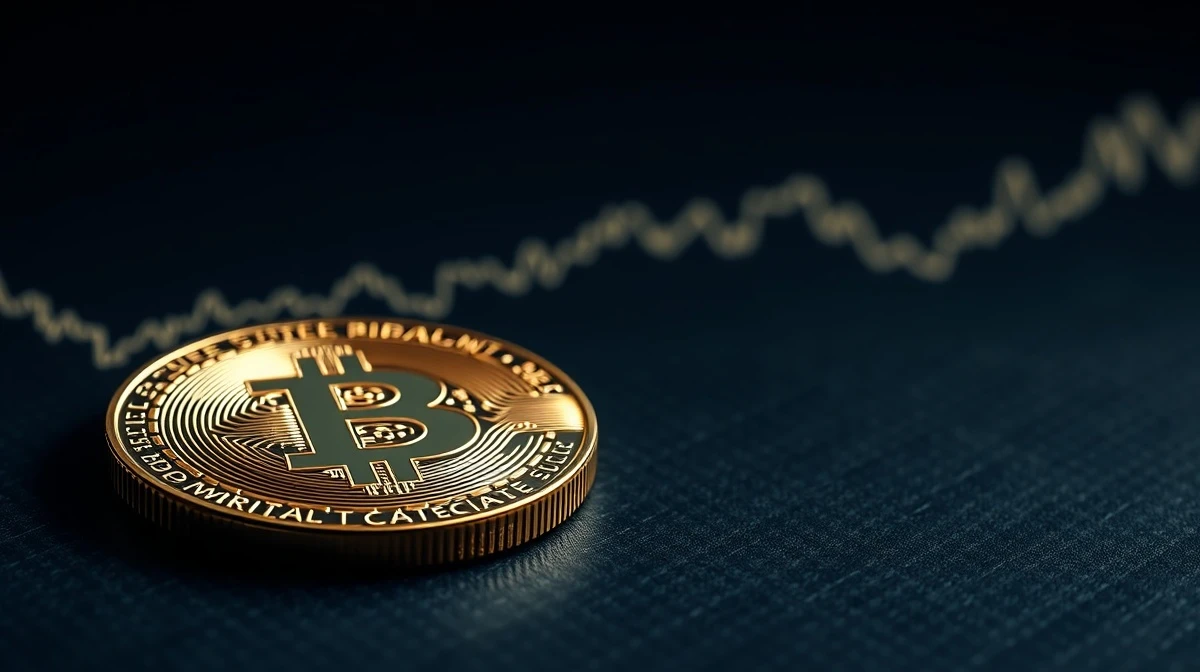 Bitcoin coin on dark surface with glowing $60,000 support line chart in background