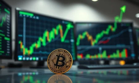 Bitcoin coin on trading desk with green charts and upward arrows signaling bullish breakout potential.