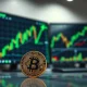 Bitcoin coin on trading desk with green charts and upward arrows signaling bullish breakout potential.