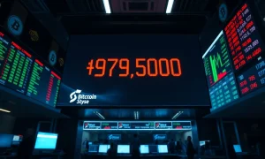 Trading floor display showing Bitcoin price at $79,500 amid market volatility