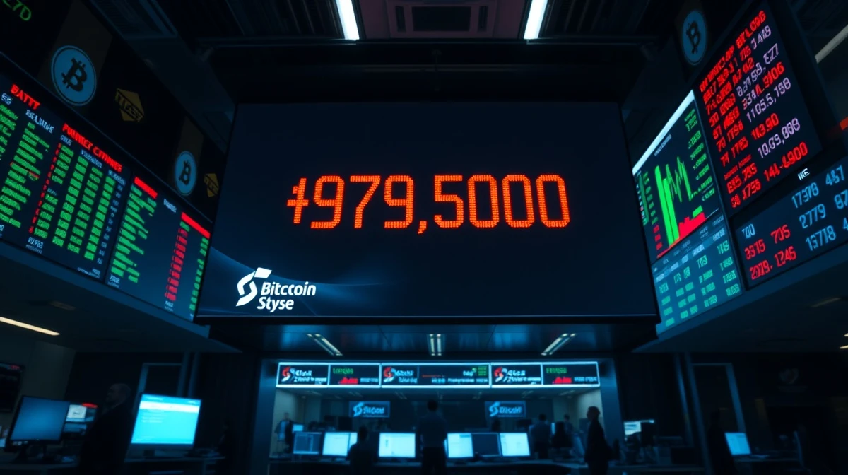 Trading floor display showing Bitcoin price at $79,500 amid market volatility