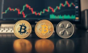 Bitcoin, Ethereum, and XRP coins on a desk with financial charts in background