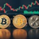 Bitcoin, Ethereum, and XRP coins on a desk with financial charts in background