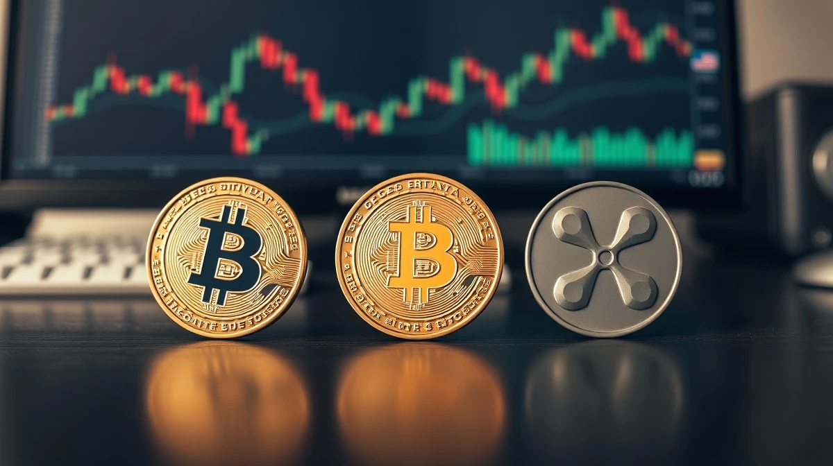 Bitcoin, Ethereum, and XRP coins on a desk with financial charts in background