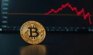 Bitcoin coin on dark surface with red downward trend line in background, representing price correction analysis.