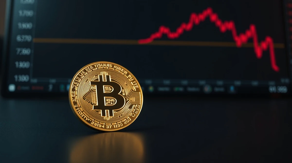 Bitcoin coin on dark surface with red downward trend line in background, representing price correction analysis.